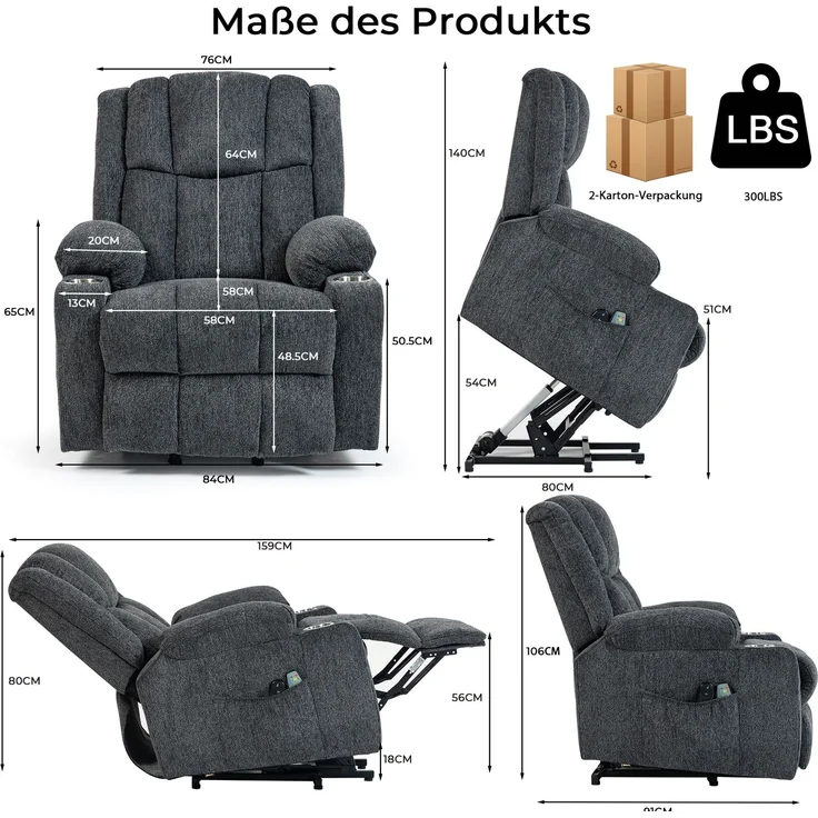Massagesessel aus Samt mit Aufstehhilfe, Wärme- und Vibrationsfunktion, 91x84x106 cm, Dunkelgrau – Bild 7
