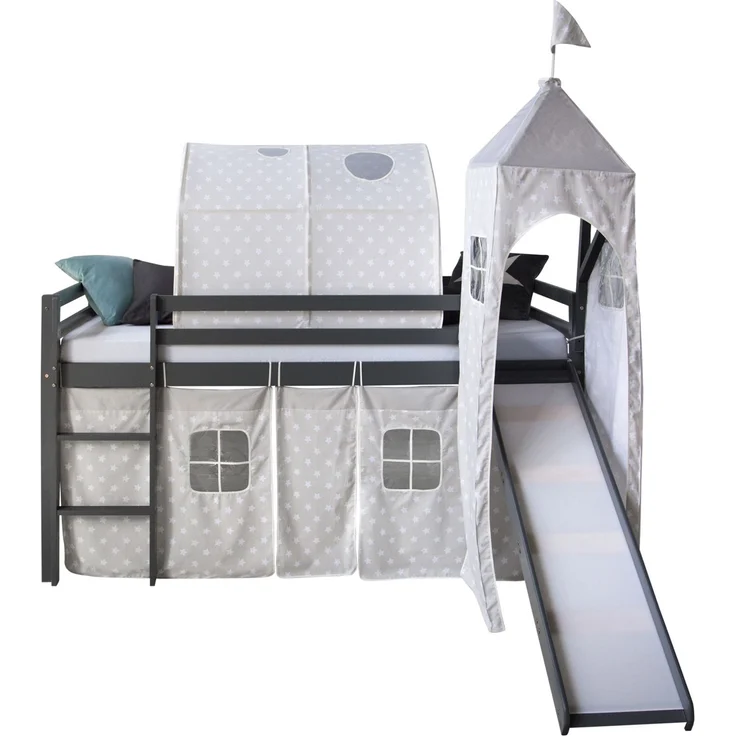 Hochbett mit Lattenrost 90x200 Turm Tunnel Rutsche Stockbett Grau Kinderbett Holz Kiefer Vorhang Sterne – Bild 7
