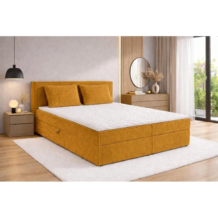 KRISAN MÖBEL Kontinentallbett ASTI Stoff POSO-Cord in Gelb 200 × 200 x 106 cm Bett mit Bettkasten und Topper inklusiv – Bild 3