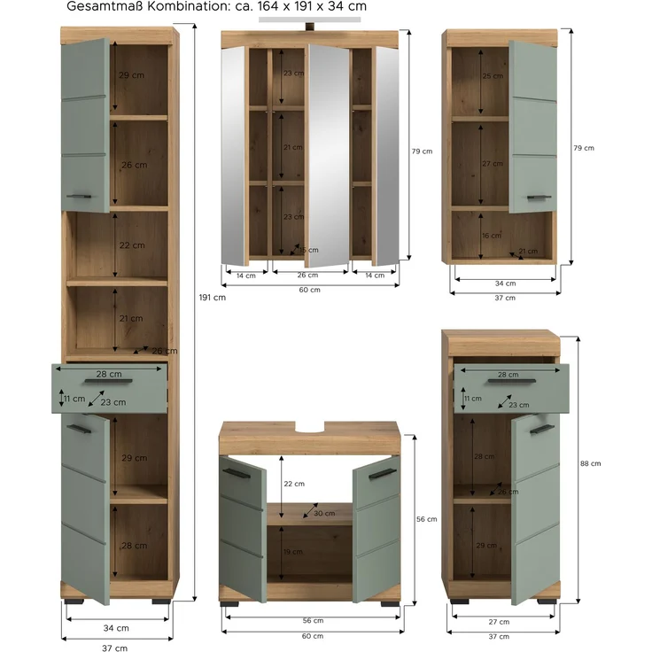 Xonox Scout Badkombination (B/H/T: 164x191x34 cm) in Salbei und Artisan Eiche Nachbildung – Bild 4