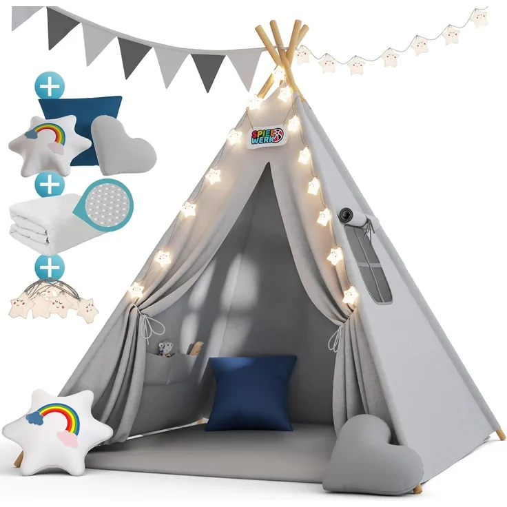 Spielwerk Kindertipi mit Lichterkette, Bodenmatte & Kissen, Baumwolle grau, 120 x 120 x 160 cm