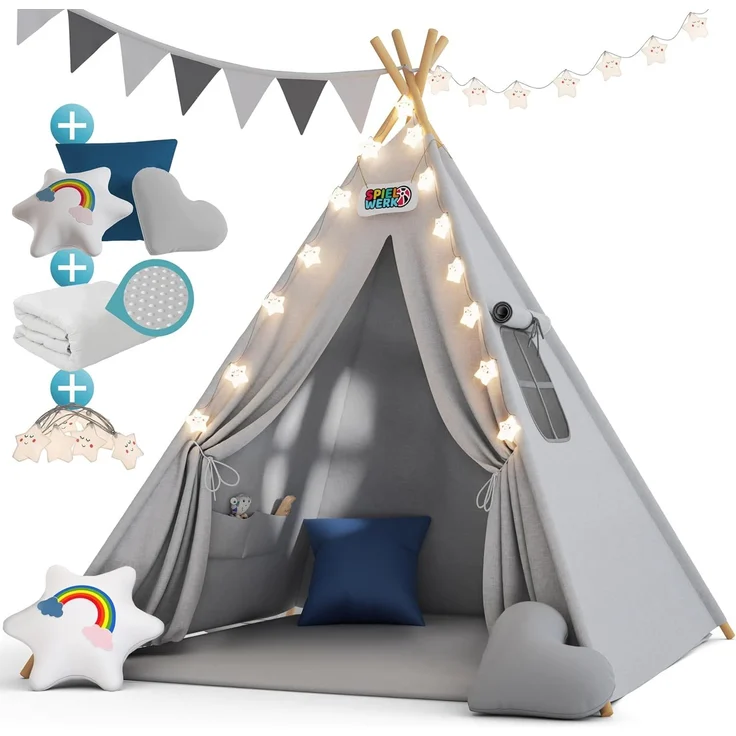 Spielwerk Kindertipi mit Lichterkette, Bodenmatte & Kissen, Baumwolle grau, 120 x 120 x 160 cm – Bild 1