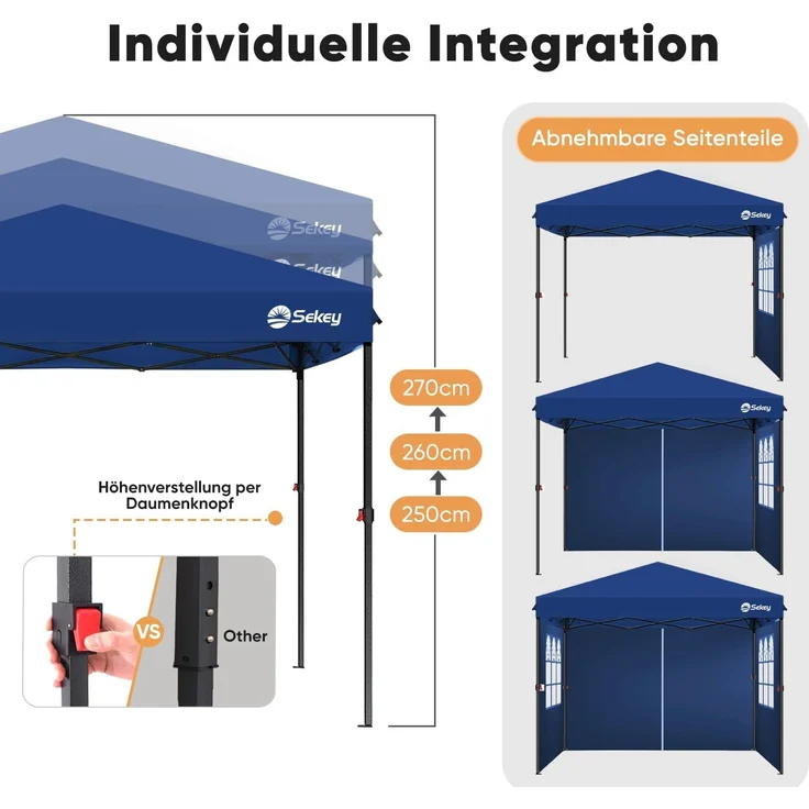 Sekey Premium Pop Up Pavillon 3x3 Wasserdicht Stabil, 3 x 3 m Pavillon mit Seitenwänden, Faltpavillon Partyzelt Faltbar für Camping Party, Höhe Verstellbar 250-270cm, (Navy, Mit Seitenwänden) – Bild 6