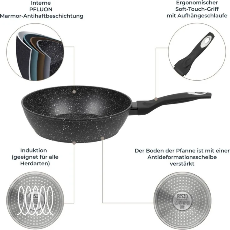 RESTO Kitchenware Bratpfanne Antlia, tiefe Pfanne mit ergonomischem Soft-Touch-Griff, Aluminium (1-tlg), Marmor-Antihaftbeschichtung, 4-lagig, für alle Herdarten geeignet – Bild 3