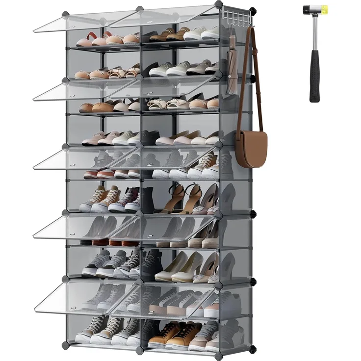 SONGMICS Schuhregal mit 10 Fächern, Schuhschrank, 30 x 40 x 30 cm pro Fach, schmal, mit Türen, Stahlrahmen, Kunststoff, für Flur, Schlafzimmer, Eingangsbereich, schiefergrau LPC035G01