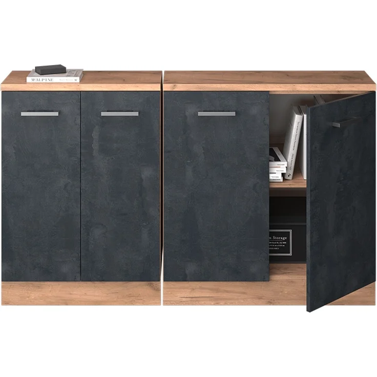Küchenschrank für Dachschrägen R-Line Schwarz Beton 140 cm 2er Set Schrankkorpuss 60 cm Tiefe Vicco – Bild 5