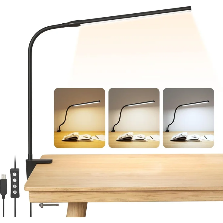 Lepro LED Schreibtischlampe Klemmbar, Tischlampe Architektenlampe mit Schwenkarm, Augenschutz Klemmleuchte USB, 3 Farben & 10 Helligkeitsstufen Dimmbar Tischleuchte für Büro, Schwarz