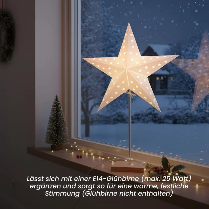 EGLO Tischlampe mit Wechselschirm, 3D Papierstern Weihnachten oder eckiger Lampenschirm in Weiß mit Fuß aus Holz und Metall, Dekostern Tischleuchte mit Kabelschalter, E14, Höhe 65 cm – Bild 8