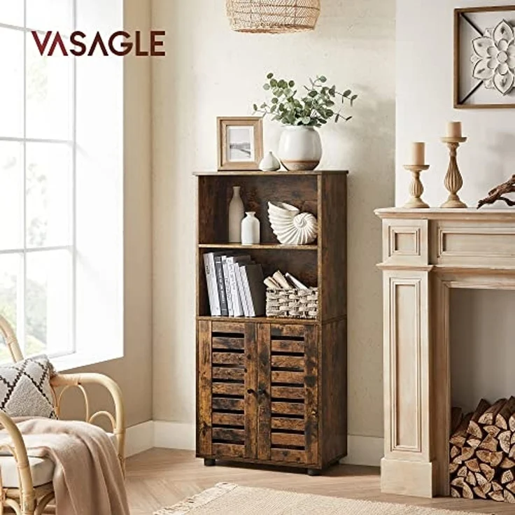 Vasagle Highboard, Bücherschrank mit Lamellentüren, 2 offene Fächer, Holz Braun, 60 x 30 x 125 cm – Bild 2