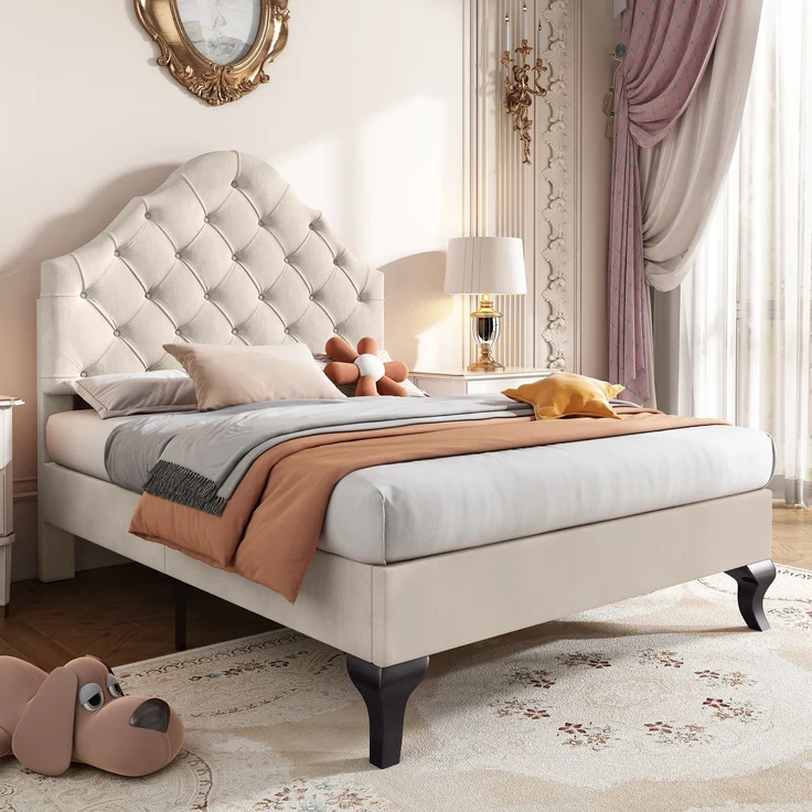 EINHOM Polsterbett 90 x 200 cm mit Lattenrost und Kopfteil, Polsterbett mit Höhenverstellbares Kopfteil, Jugendbett, Einzelbett, Holzlattenunterstützung, Einfache Montage, Samt, Beige, (Ohne Matratze) – Bild 3