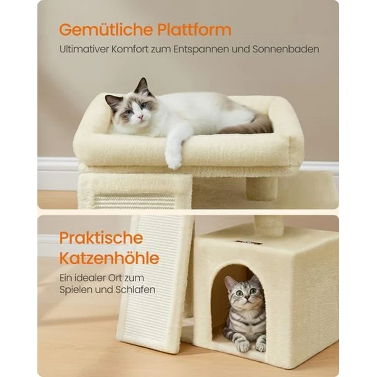 FEANDREA Kleiner Katzenbaum, Kratzbaum mit Kratzbrett, Katzenhöhle und Plattform, beige – Bild 4