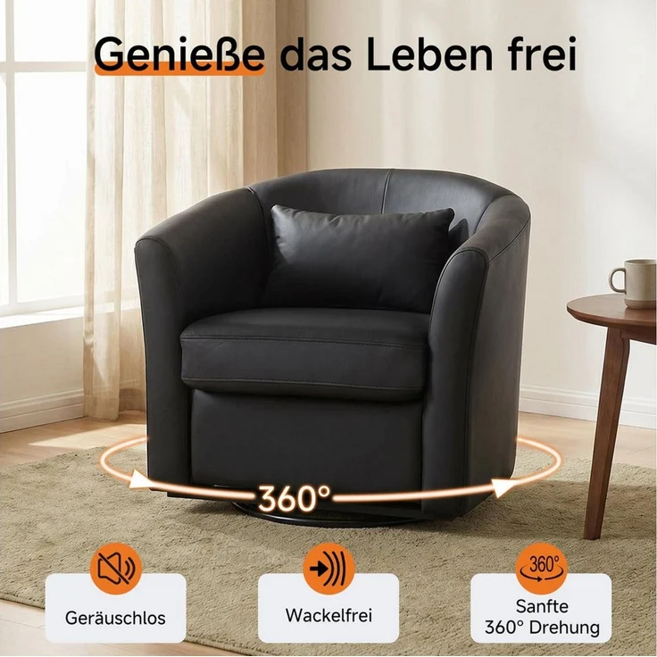 HomeMiYN Drehsessel 360° drehbar, moderner Loungesessel, Kunstleder-Bezug, Bequemer Relaxsessel mit breiter Sitzfläche und weichem Kissen – Bild 2