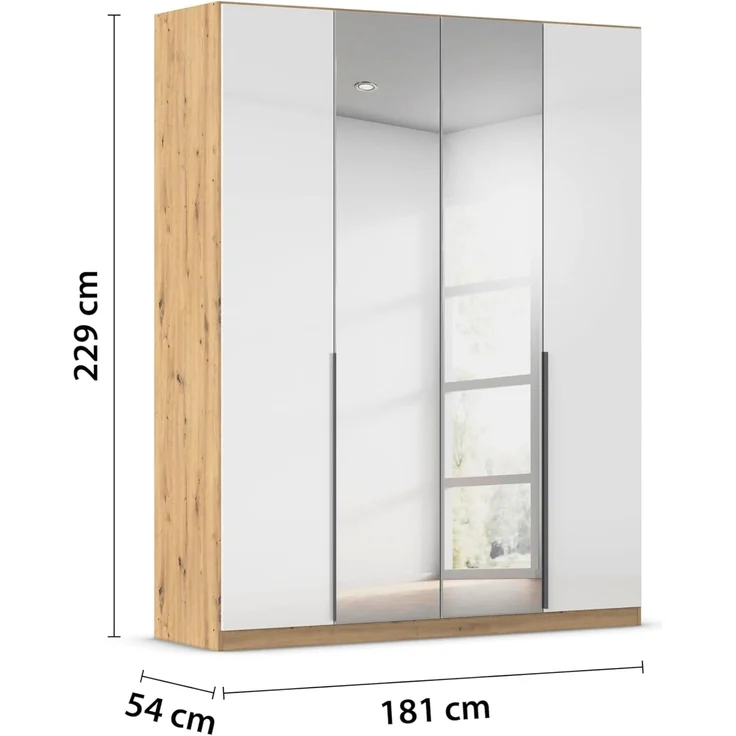 Rauch Möbel Alabama, Kleiderschrank, 4-türig, Spiegel, Zubehör Premium, 2 Kleiderstangen, 7 Einlegeböden, Schubladeneinsatz, Farbe Hochglanz Weiß/Eiche Artisan, Griff Grau metallic, 181 x 229 x 54 cm – Bild 3