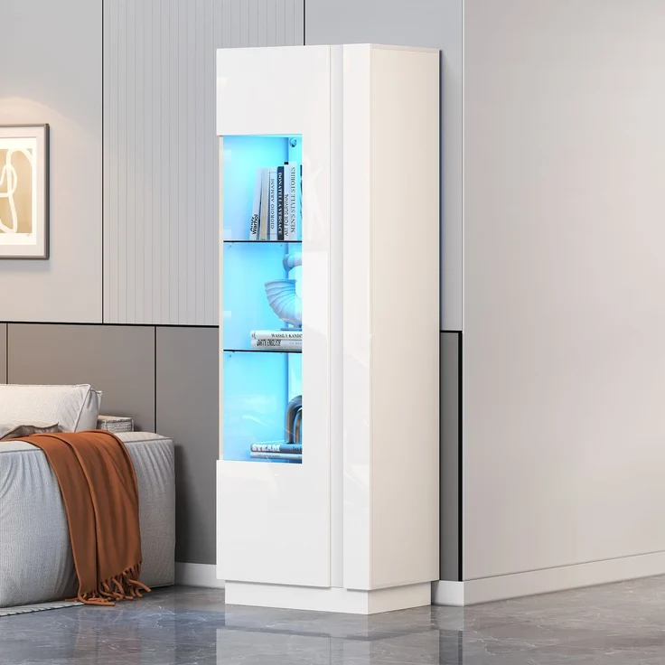 60*40*180cm Schrank,Vitrine ausSchranktür aus Acryl,Vitrine Hochglanz Lagerschrank mit LED-Beleuchtung, 3 Glasboden ,Highboard, Aufbewahrungsschrank, Hochschrank, Sofaschrank,Weiß – Bild 2