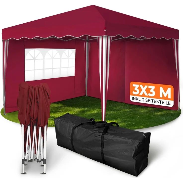Kronenburg Faltpavillon wasserdicht Dachmaß 3x3 m UV Schutz 50+ Pavillon in Rot mit 2 Seitenteilen – Bild 1