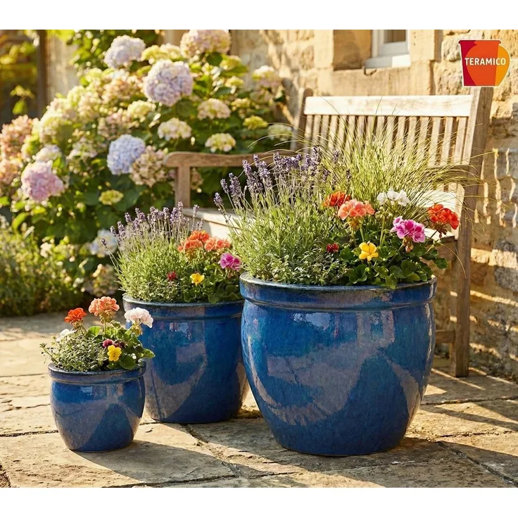 Teramico Blumentopf Keramik Pflanzgefäß "Bavaria Tall" Royal Blau – Ø 37cm (1 St), Frostfest, UV-Fest