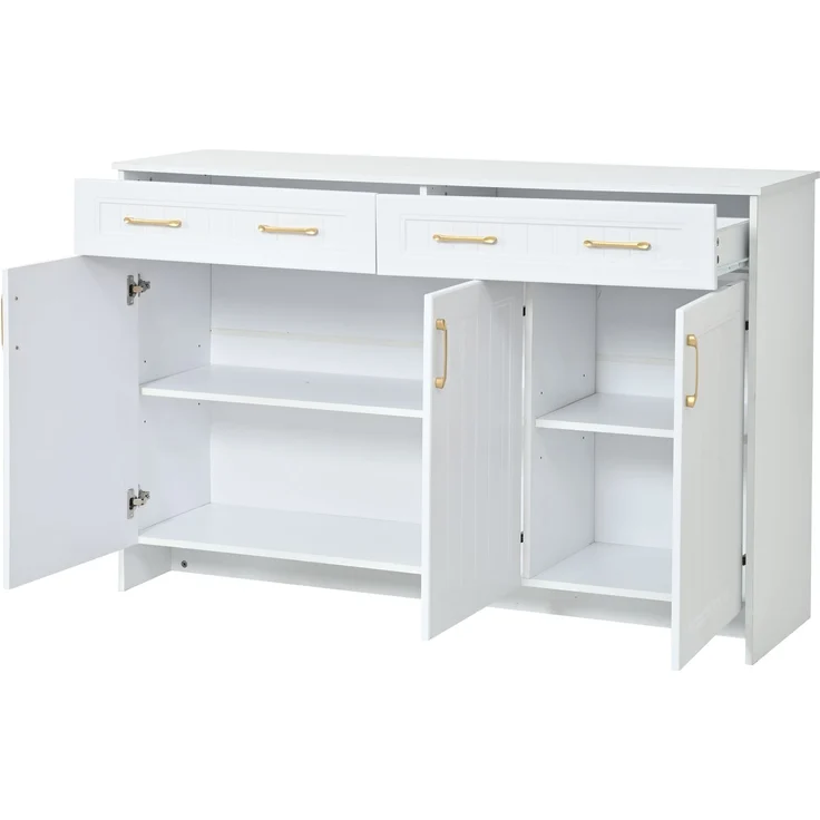 Flieks Sideboard 140 x 40 x 90 cm mit 2 Schubladen, 3 Türen, verstellbaren Einlegeböden und goldenen Griffen, Weiß – Bild 9