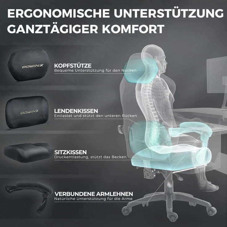 Dowinx Gaming-Stuhl Atmungsaktiver und Ergonomischer Bürostuhl aus Mikrofaser-Velours (Packung), Weiches Sitzgefühl, Verstellbarer Schreibtischstuhl mit Fußstütze – Bild 2