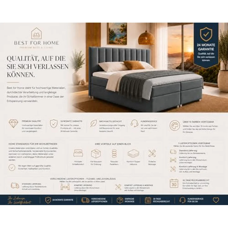 Best for Home Boxspringbett Trinity K-10, Doppelbett mit 2 Bettkästen, 7-Zonen Komfort-Topper, Federkernmatratze, gepolstertes Kopfteil, Graphit, verschiedene Größen 140x200 bis 200x200 cm – Bild 7