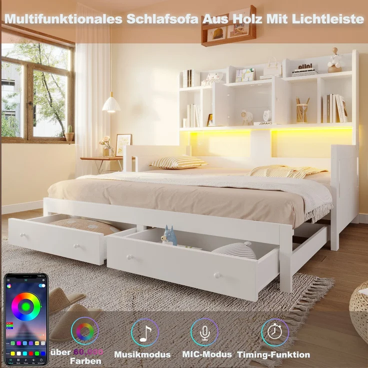 EINHOM Multifunktionales Ausziehbares Schlafsofa aus Holz mit Schubladen, Ablageflächen, Schränken und Offenen Fächern, Ausgestattet mit Steckdosen und LED-Beleuchtung, Gästebett, Weiß (Ohne Matratze) – Bild 7