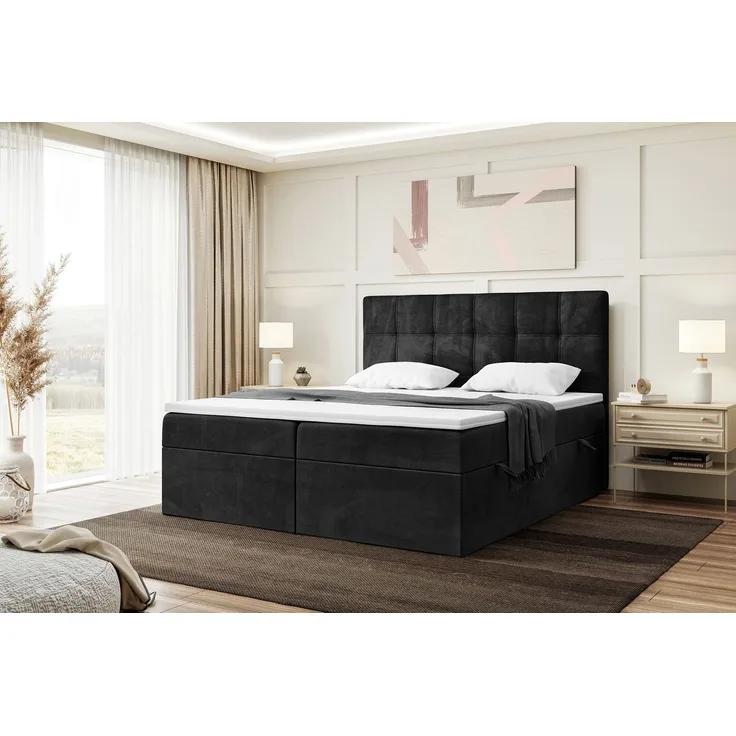 MEBLINI Boxspringbett KAI 140x200cm - H3/Schwarz Samt - mit Bettkasten - Gepolstert Doppelbett mit Matratze und Topper - Polsterbett mit Stauraum - Bett mit Kopfteil