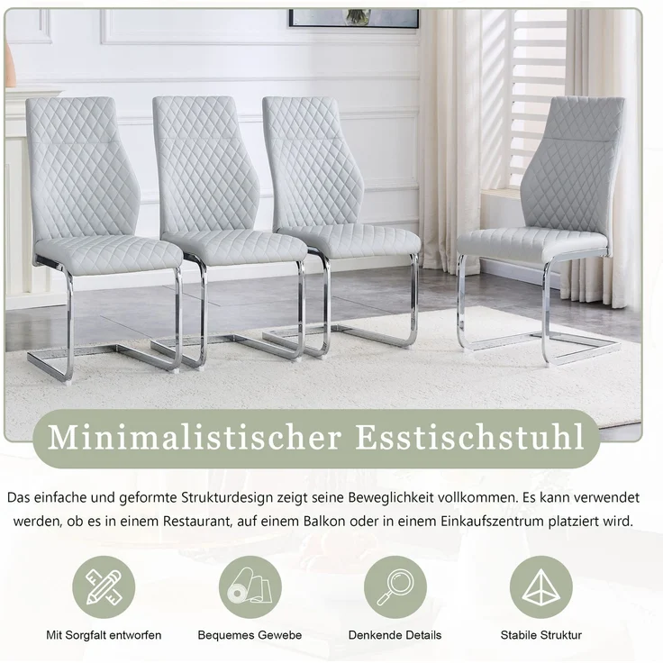 Esszimmerstuhl im Rautenmuster, PU-Lederoptik, 2er-Set, H 100 x T 43 x B 63 cm, hellgrau/silber – Bild 8