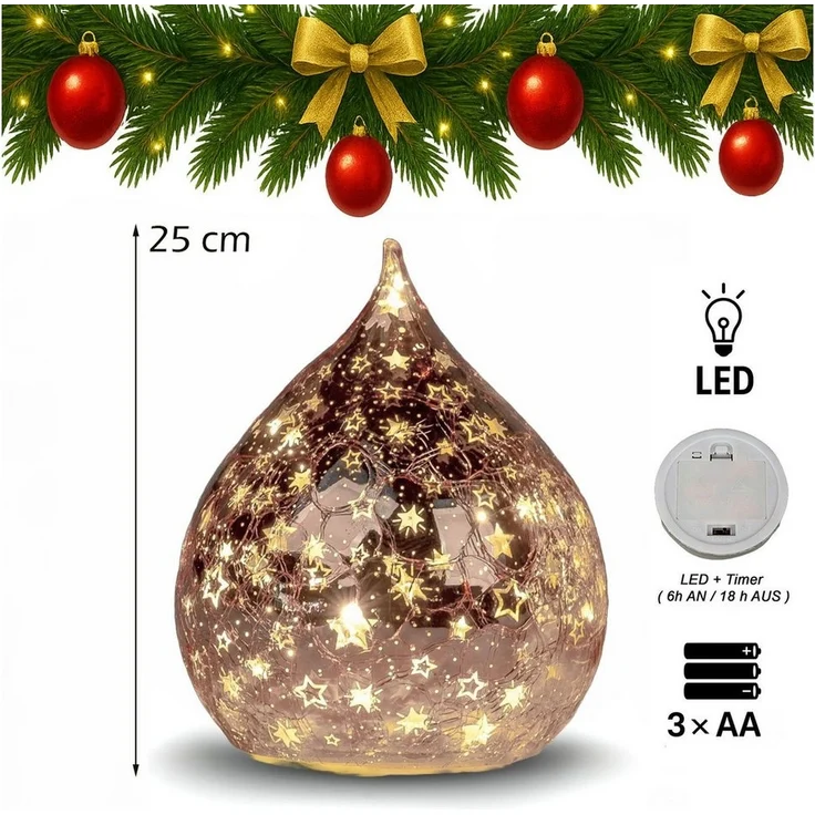 formano LED Deko Tropfen Sterne Rose-Gold 25cm Glasleuchte Crackle-Optik + Timer Timer (6h an/18h aus) – Stimmungslicht für Winter & Weihnachten – Dekoleuchte für gemütliches Zuhause – Bild 2