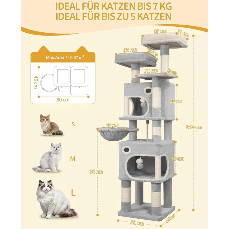 Kratzbaum, 159 cm Katzenbaum mit 8 Kratzsäulen, 3 Plattformen, 2 Höhlen, Korb, Plüschbälle, Sisalseil, Geeignet für Katzen Verschiedener Größen, Hellgrau – Bild 8