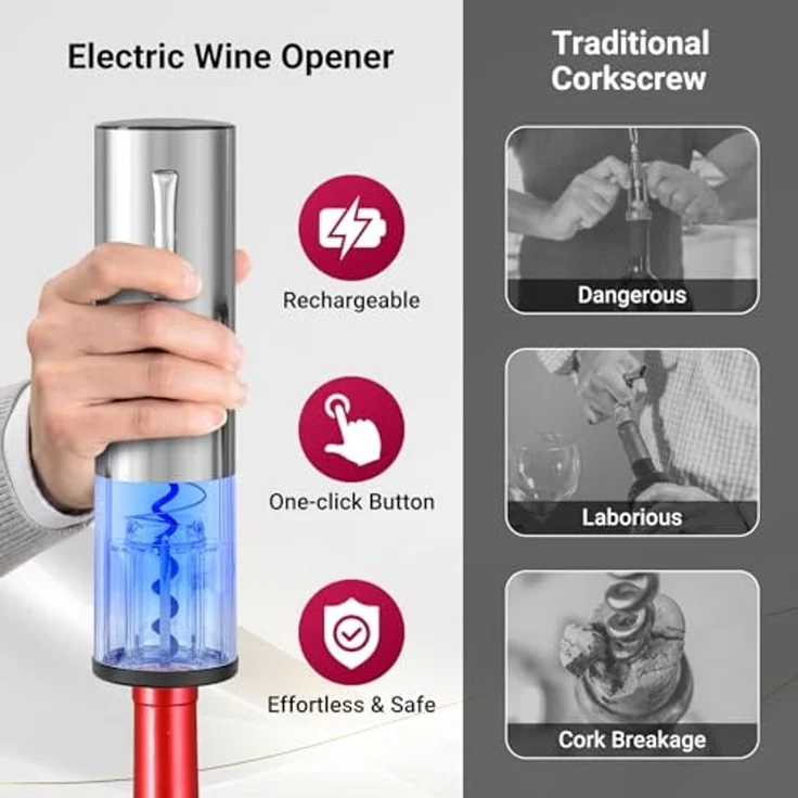 Todeco Elektrischer Weinflaschenöffner Set, 4-in-1 Weinöffner Set mit Wiederaufladbarer Korkenzieher, Automatischer Weinbelüfter, Folienschneider und Vakuum Weinstopfen, Geschenkset für Weinliebhaber – Bild 3