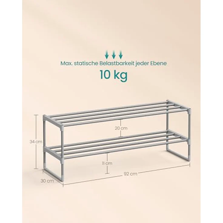 Songmics Schuhregal mit 2 Ebenen, Schuhständer aus Metall, Schuhaufbewahrung, Schuh-Organizer für 8-10 Paar Schuhe, stapelbar, für Flur, Wohnzimmer, Schlafzimmer, 30 x 92 x 34 cm, grau LSA012G01 – Bild 4