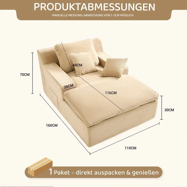 LITBIRD Chaiselongue 160 cm Loungesofa, Boneless Bodensofa & Schlafsofa mit Schlaffunktion, 1 Teile, Platzsparendes Cloud Sofa mit Armlehnen für Wohnzimmer – Bild 2