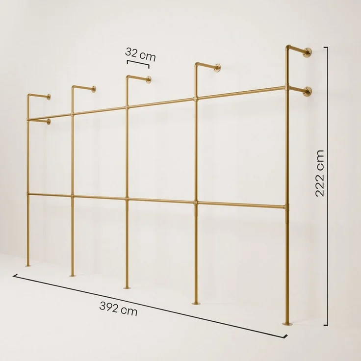 pamo. design Kleiderständer KIM DOUBLE Industrial Kleiderstange zur Wandmontage, Offener Kleiderschrank / Garderobe aus goldenen Wasserrohren – Bild 2