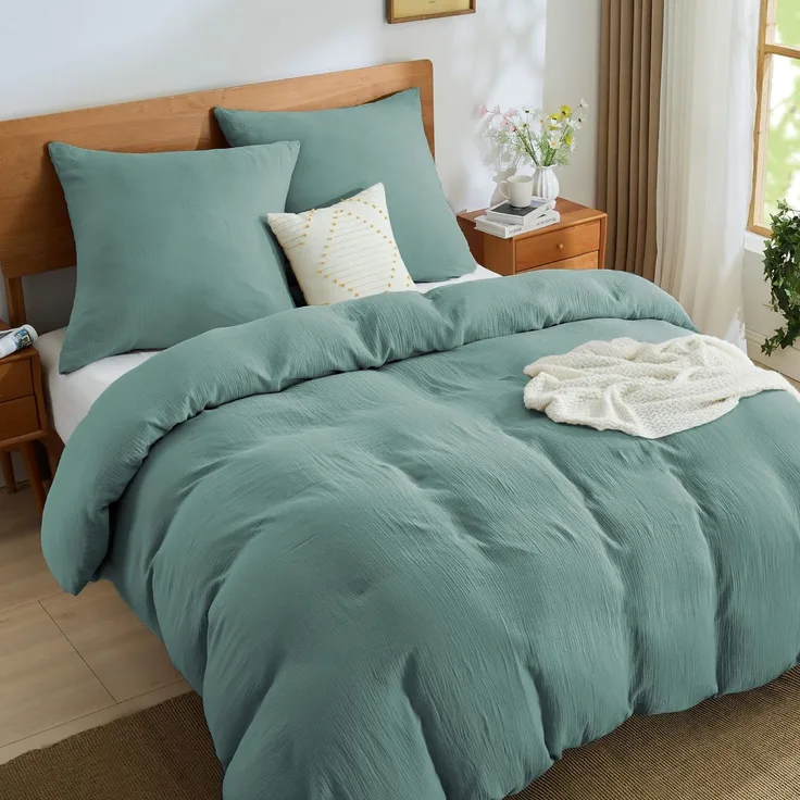 BEDELITE Musselin Bettwäsche 155x220 Baumwolle - ÖKO-TEX Bettwäsche-Sets Sommer Türkis 3teilig mit Reißverschluss, Bettbezug Blaugrün 155x220 cm mit 2 Kissenbezüge 80x80 cm, weiche und atmungsaktiv