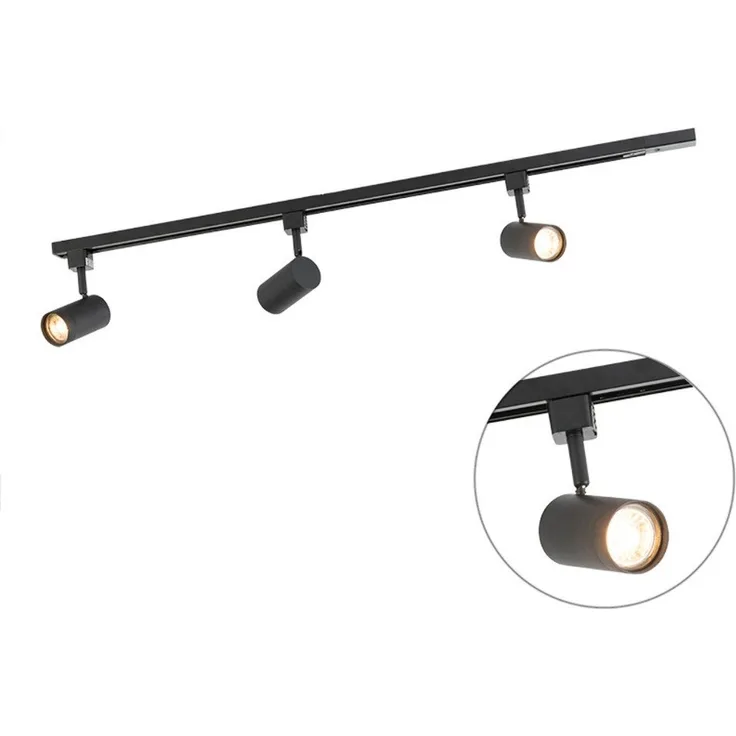 Qazqa Schienensystem-Sets Jeana, ohne Leuchtmittel, GU10, Schwarz, Modern, Stahl, Deckenstrahler 3-flammig