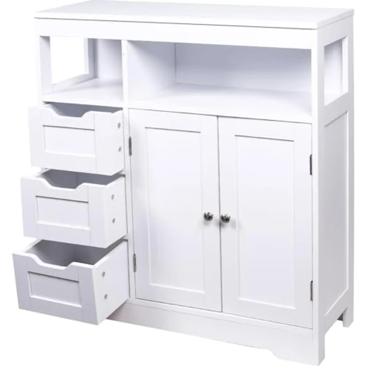 Shally Dogan Badezimmerschrank aus weißem Holz mit 3 Schubladen, 2 Türen und 2 Regalen, platzsparend, Mehrzweck-Bodenschrank, freistehender Schrank für Wohnzimmer, Küche, Büro, Schrank 80,5 x 30 x – Bild 6
