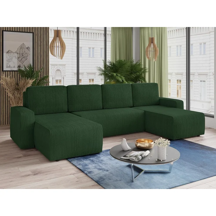 Wohnlandschaft mit Schlaffunktion Roma - U-Form Couch, Schlafsofa mit Bettkasten, Couchgranitur mit Bettfunktion, Big Sofa, Cord Stoff (Grün (Poso 014)) – Bild 2