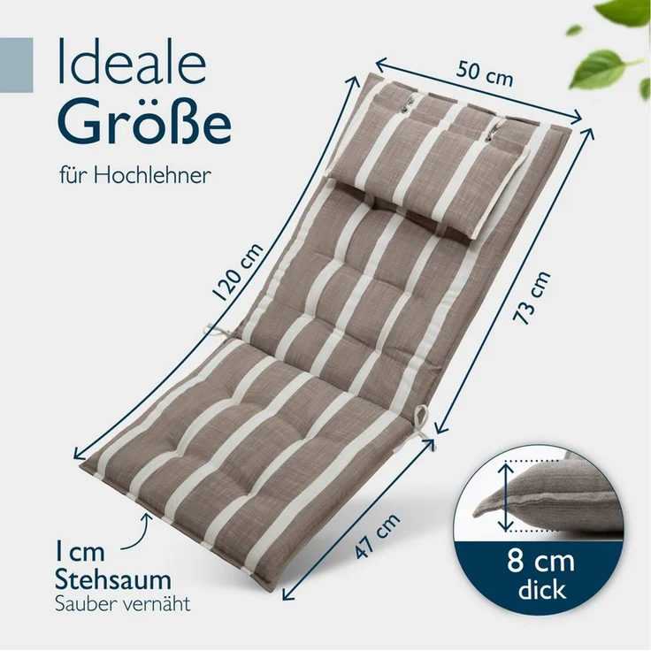 Beautissu Hochlehnerauflage Premium Hochlehner Auflage Kopfpolster Sun Sun-HL, 120x50cm, Weiß, Mit Kopfpolster, rutschfest & robust – Befestigungsbänder, UV 5 – Bild 3