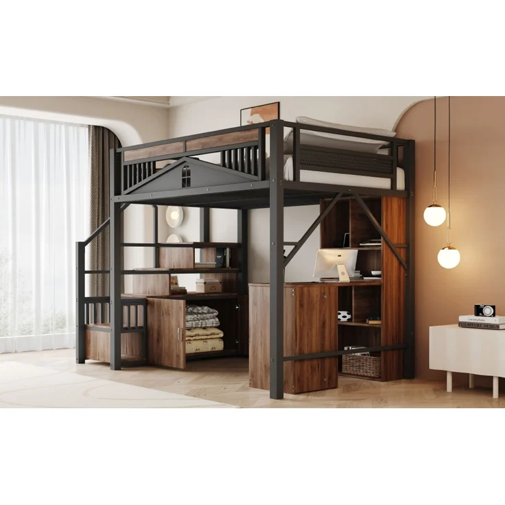 EINHOM Metall-Hochbett 140 x 200 cm, Einzigartiges Sicherheitsgehäuse mit Fenster, Sicherheitsleiter mit Spind, Schwarz (Ohne Matratze) – Bild 5