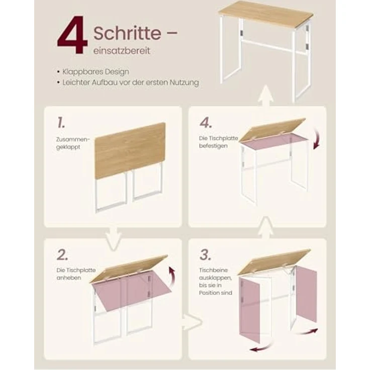 VASAGLE Klapptisch, Kleiner Schreibtisch klappbar, Computertisch, Tischplatte aus einem Stück, abgerundete Ecken, Tisch für Homeoffice, Schlafzimmer, 80x40 cm, natureichenfarben LWD151YD01 – Bild 7