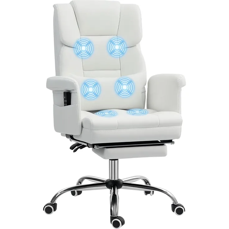 MELAYR, Bürostuhl mit 6 Massagepunkten, einziehbarer Fußstütze, 69 x 65 x 115 cm, Weiß