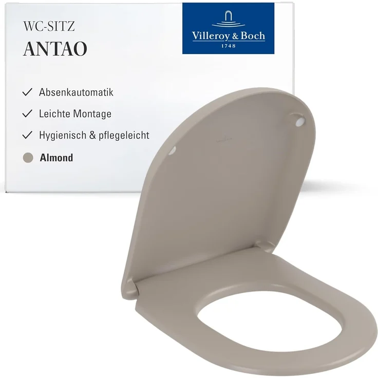 Villeroy & Boch Antao WC-Sitz, Toilettendeckel mit Absenkautomatik, abnehmbarer Toilettensitz aus bruchsicherem Duroplast, Klodeckel Original Ersatzteil, D-Form, Almond, matt – Bild 1