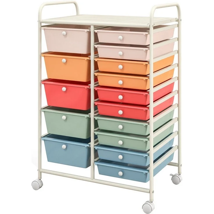 COSTWAY Rollcontainer, Metallgestell, 15 stapelbare Schubladen, mit Bremsen – Bild 5