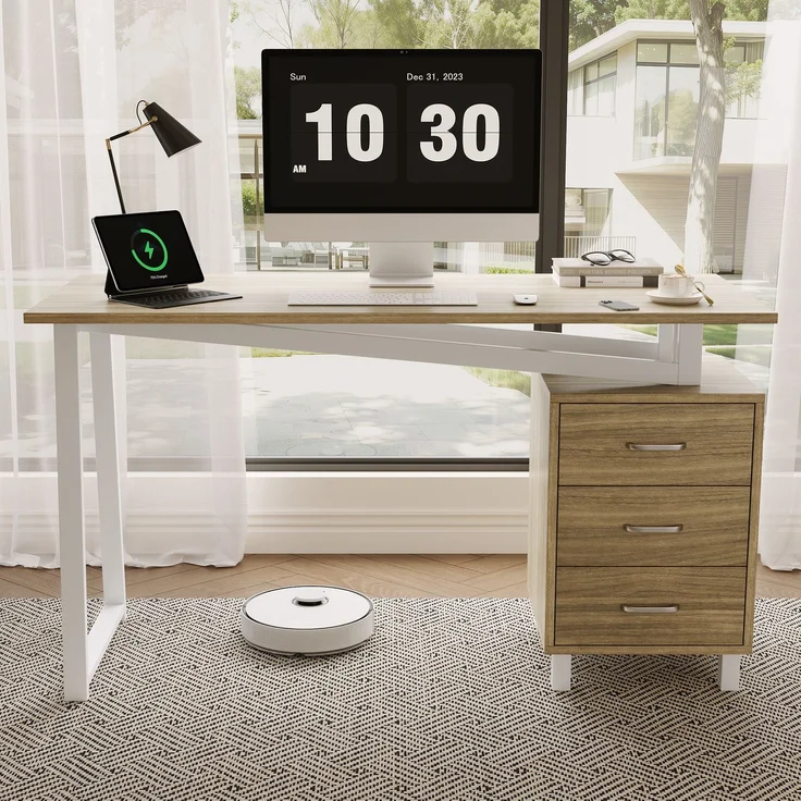 Schreibtisch 130x55x75 cm mit 3 Schubladen, MDF in Naturholzoptik und weißem Stahlrahmen – Bild 3
