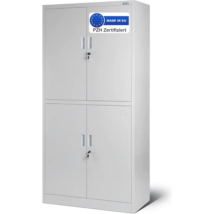 Metallschrank abschließbar DOPLO - 4 Flügeltüren, 4 Ebenen | Mehrzweckschrank Aktenschrank Büroschrank aus Stahl Werkstatt Werkzeugschrank, 185x90x40cm Grau
