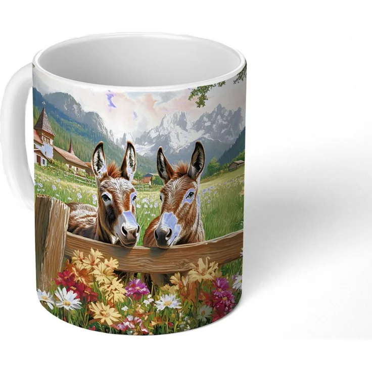 MuchoWow Tasse Esel - Blumen - Sommer, 1-tlg, Keramik, Kaffeetassen, Teetasse, Becher, Kaffeebecher, Geschenk