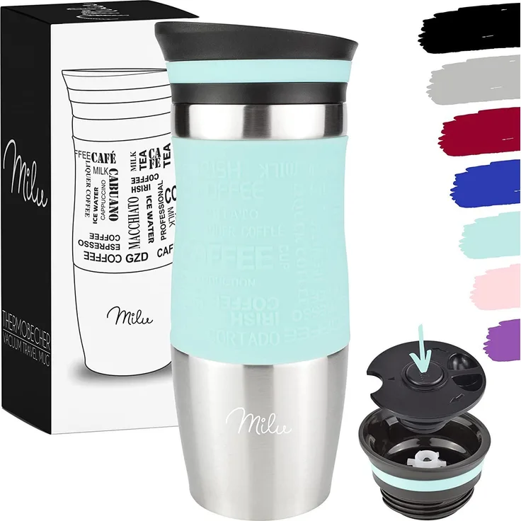 Milu Thermobecher Isolierbecher Kaffeebecher to go - 370ml - 100% Auslaufsicher - Trinkbecher aus Edelstahl - Autobecher doppelwand Isolierung - Thermo Becher - Travel Mug - (Türkis, 370ml)