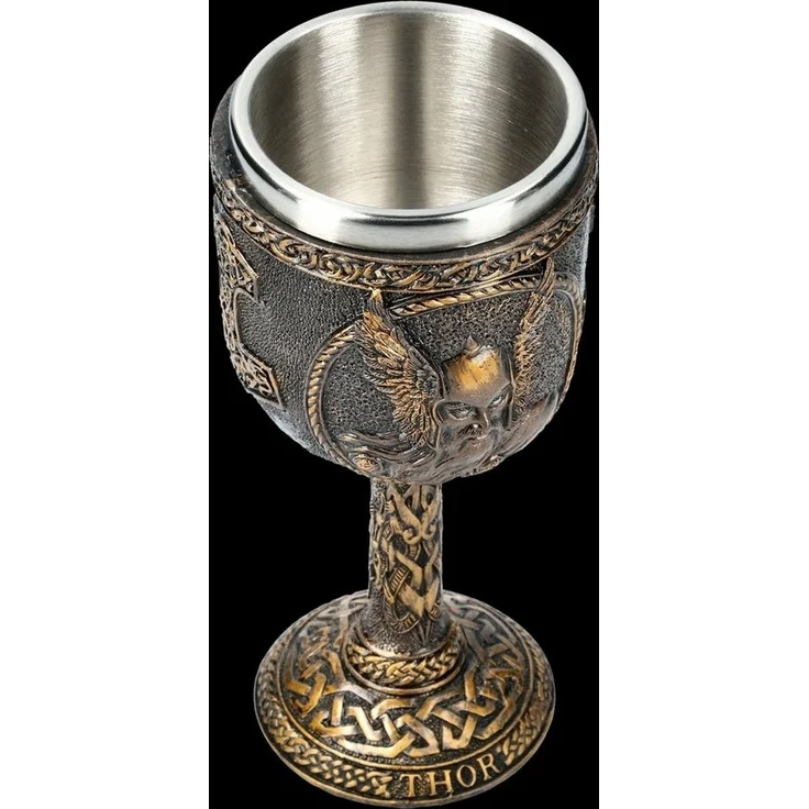 Figuren Shop GmbH Becher Wikinger Kelch - Nordischer Gott Thor - Dekoration Götter, Kunststein (Polyresin), Edelstahl – Bild 2