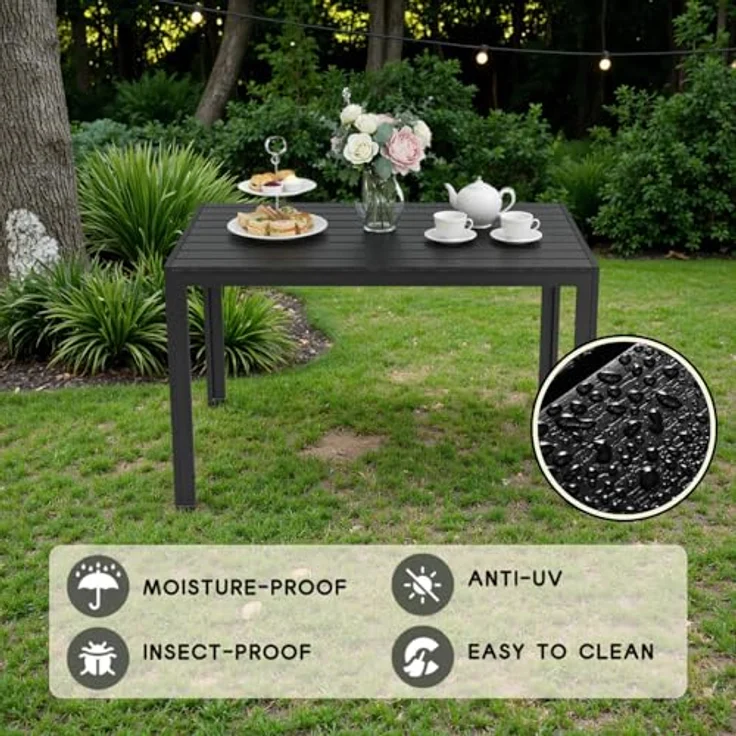 Clevich Gartentisch Wetterfeste, 110x70 cm, Outdoor-Esstisch, WPC Balkontisch, Aluminiumrahmen, Wetterfeste Gartenmöbel, Quadratischer Terrassentisch, Schwarz – Bild 4