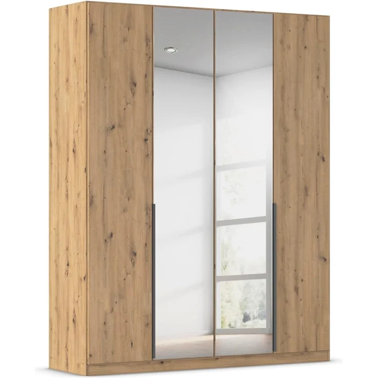 Rauch Möbel Alabama, Kleiderschrank, Garderobenschrank, 4-türig, Spiegel, Zubehör Classic, 2 Kleiderstangen, 5 Einlegeböden, Farbe Eiche Artisan, Holz, Griff Grau metallic, 181 x 210 x 54 cm – Bild 1