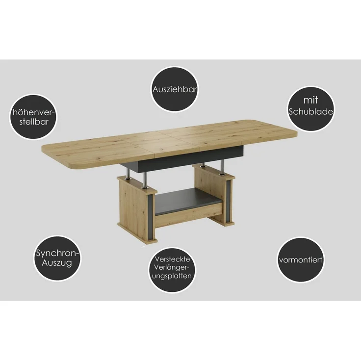 designimpex Couchtisch Design DA-555 Schublade höhenverstellbar ausziehbar 120/200 cm Tisch, Funktionstisch, Wohnzimmertisch, Tisch, Esstisch, Sofatisch, Schublade – Bild 3